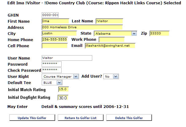 edit golfer information, golfer name, address, GHIN number, GHIN #, Golfer rating, dogfight rating