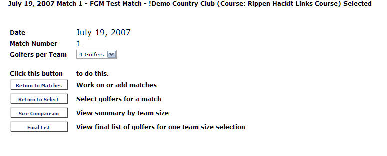Print report for golf match beteww golf teams, show results for size comparison of teams, print final list of golfers on a team