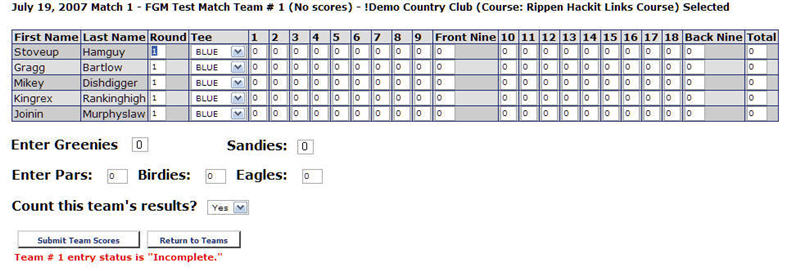 enter scores for golf teams in a match
