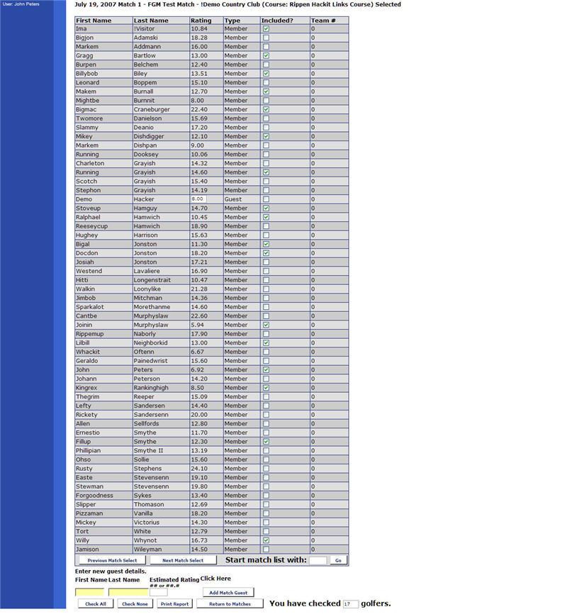 select glfers for match, select golfer's name, golfer's match rating, golfers dogfight rating, review team sizes for match